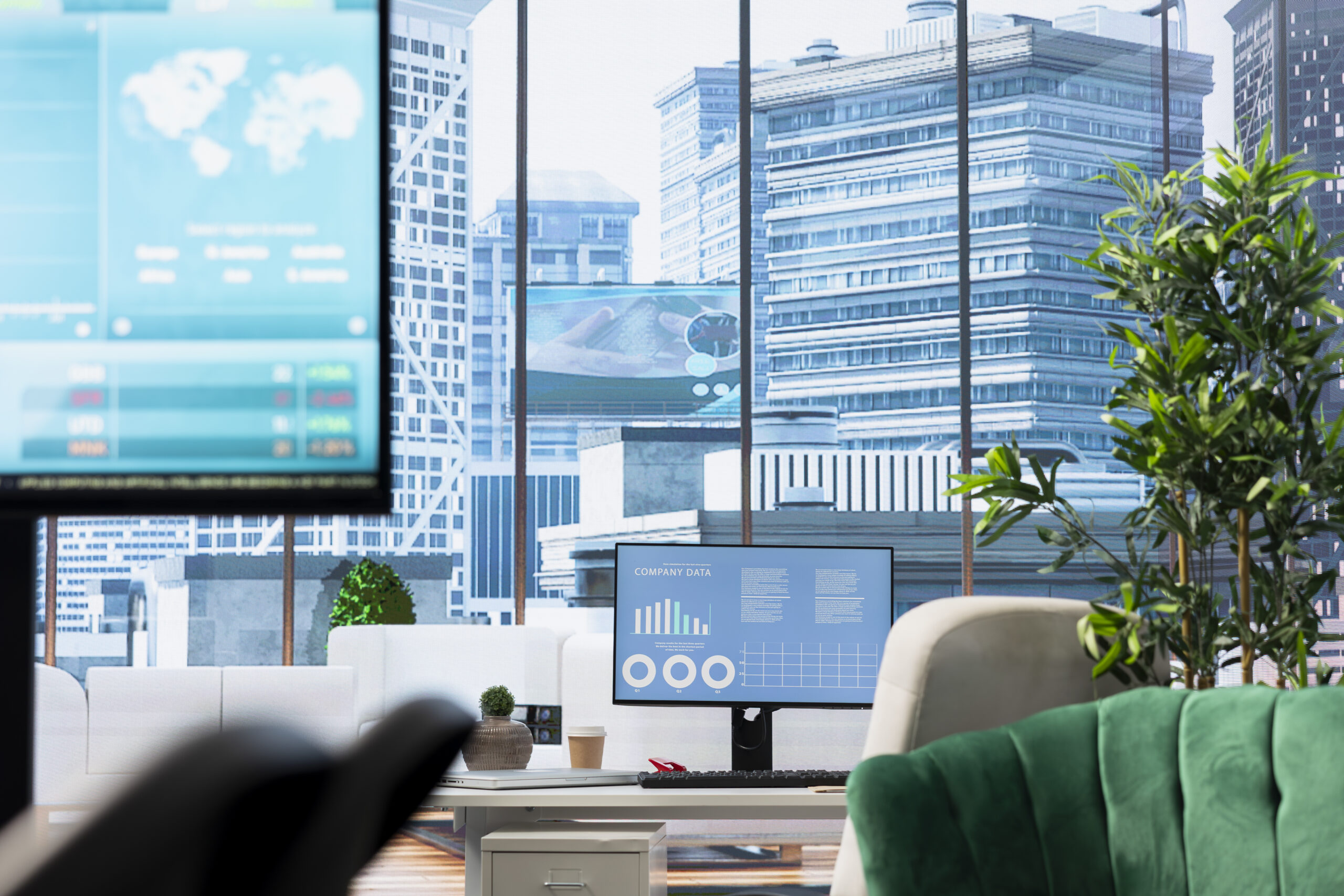 In a professional boardroom, computer screen showcases business data and statistics, aiding executives in strategy planning. Empty office space for meeting to help with workflow optimization.